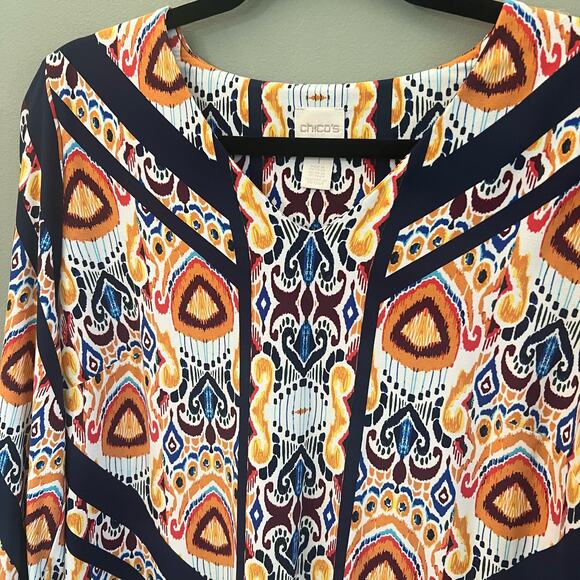 Chico’s Vibrant Fall Print Pullover Ikat Medallion Dress with Tie Sleeves Size 1 - Picture 6 of 12